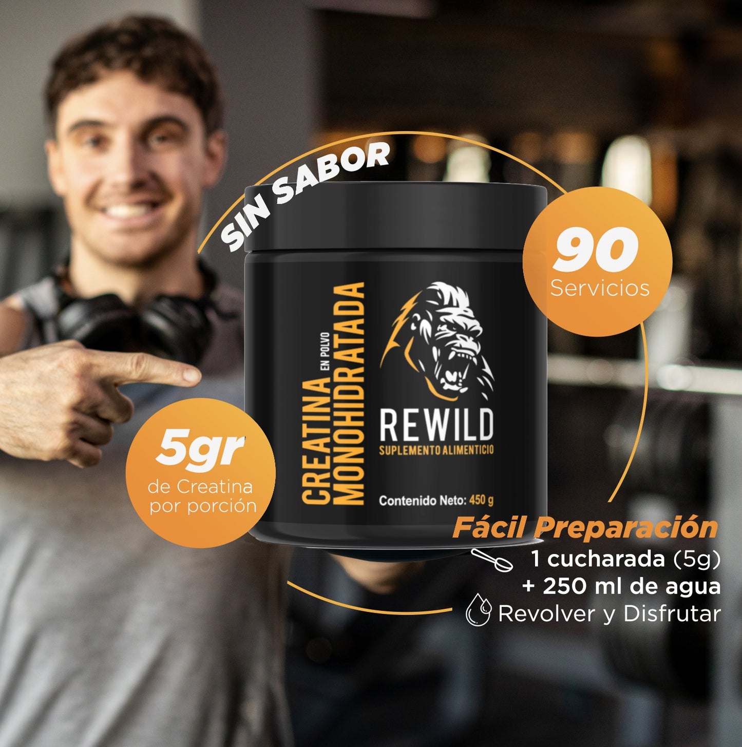 CREATINA MONOHIDRATADA REWILD 450G-90 PORCIONES