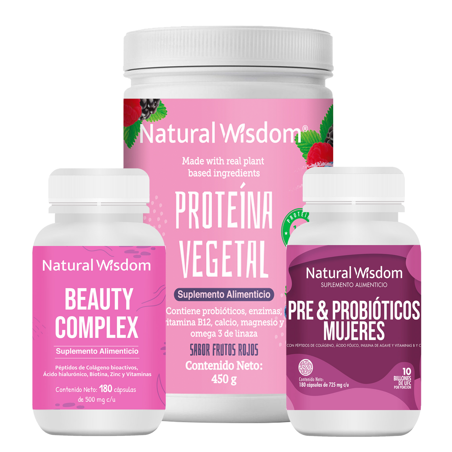 Pink Bundle - 1 Proteína Vegetal sabor Frutos Rojos 450 g, Pre & Probióticos para Mujer 180 cap y Beauty Complex 180 cap