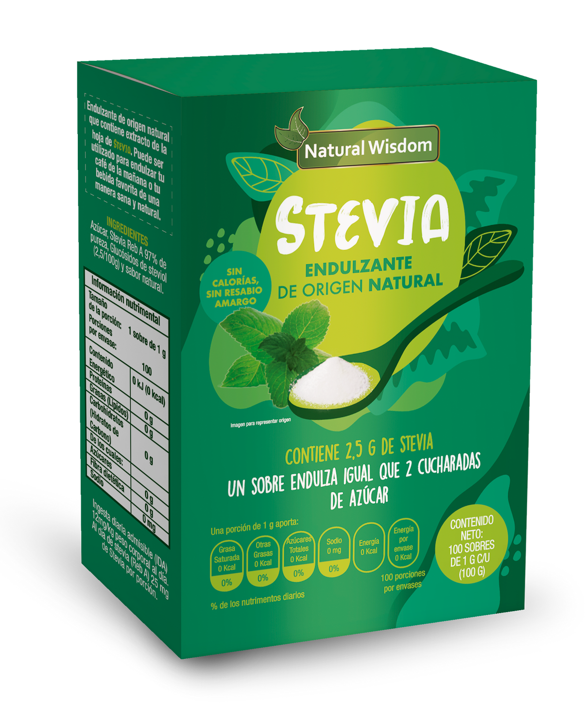 Stevia Caja con 100 sobres de 1 g Sustituto de Azúcar Natural Wisdom®